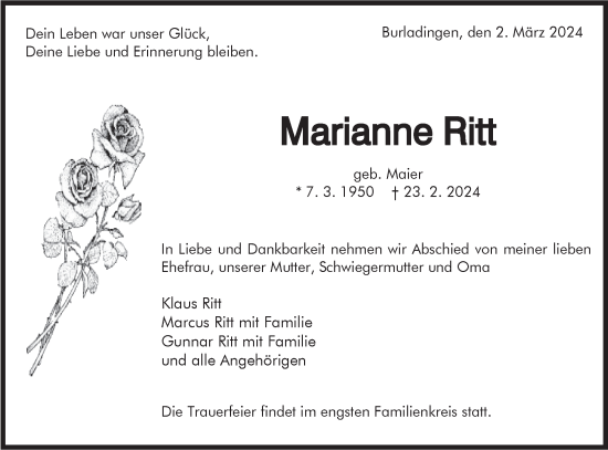 Traueranzeige von Marianne Ritt von Hohenzollerische Zeitung