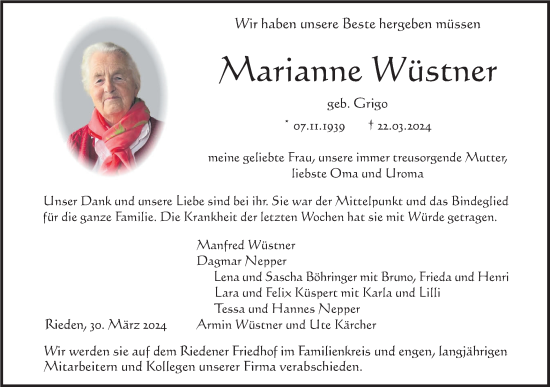 Traueranzeige von Marianne Wüstner von Haller Tagblatt