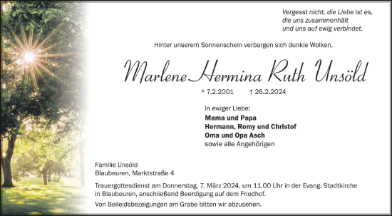 Traueranzeige von Marlene Hermina Ruth Unsöld von SÜDWEST PRESSE Ausgabe Ulm/Neu-Ulm