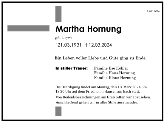 Traueranzeige von Martha Hornung von Hohenloher Tagblatt