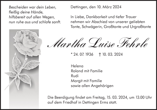 Traueranzeige von Martha Luise Fehrle von SÜDWEST PRESSE/SÜDWEST PRESSE