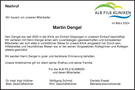 Traueranzeige von Martin Dengel von NWZ Neue Württembergische Zeitung