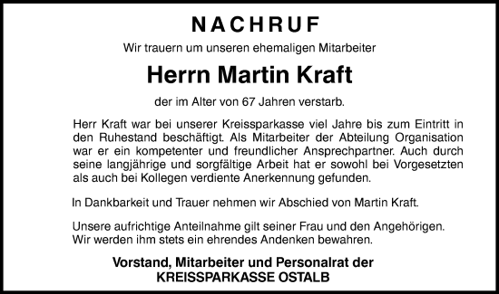 Traueranzeige von Martin Kraft von NWZ Neue Württembergische Zeitung