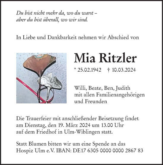 Traueranzeige von Mia Ritzler von SÜDWEST PRESSE Ausgabe Ulm/Neu-Ulm