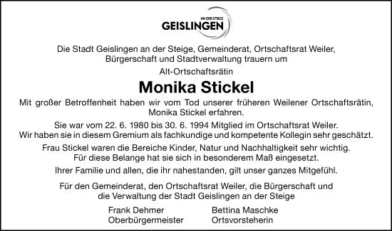 Traueranzeige von Monika Stickel von Geislinger Zeitung