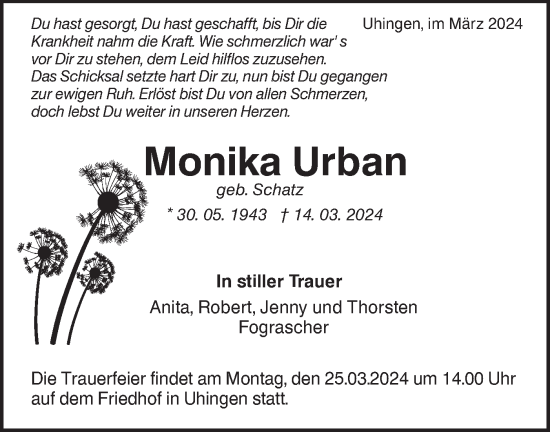 Traueranzeige von Monika Urban von NWZ Neue Württembergische Zeitung