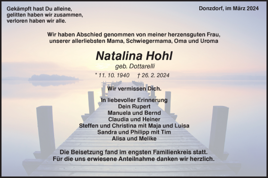 Traueranzeige von Natalina Hohl von NWZ Neue Württembergische Zeitung