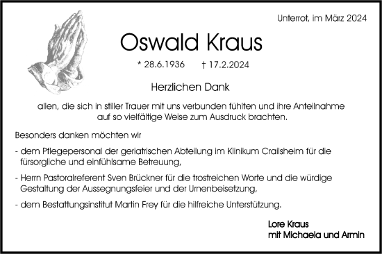 Traueranzeige von Oswald Kraus von Rundschau Gaildorf