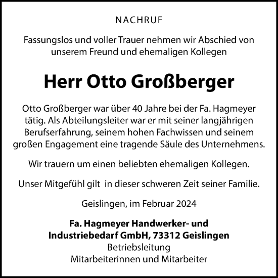 Traueranzeige von Otto Großberger von Geislinger Zeitung