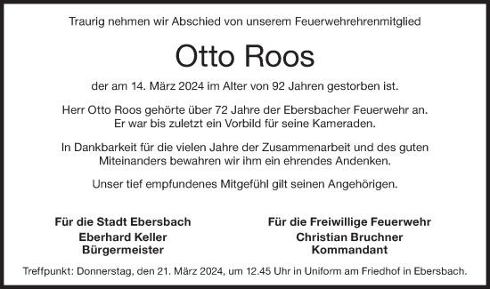 Traueranzeige von Otto Roos von NWZ Neue Württembergische Zeitung