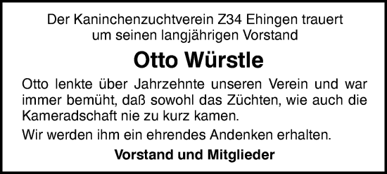 Traueranzeige von Otto Würstle von Ehinger Tagblatt