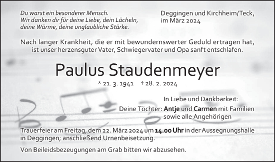 Traueranzeige von Paulus Staudenmeyer von Geislinger Zeitung