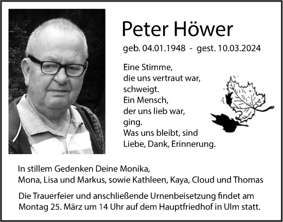 Traueranzeige von Peter Höwer von SÜDWEST PRESSE Ausgabe Ulm/Neu-Ulm