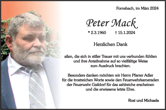 Traueranzeige von Peter Mack von Rundschau Gaildorf