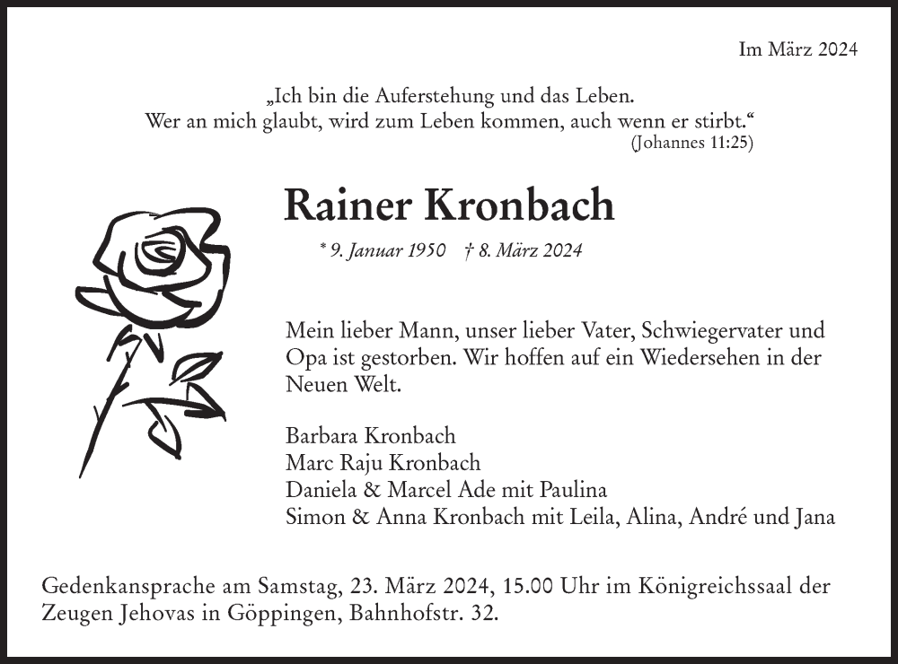  Traueranzeige für Rainer Kronbach vom 15.03.2024 aus NWZ Neue Württembergische Zeitung