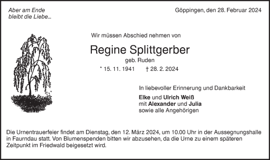 Traueranzeige von Regine Splittgerber von NWZ Neue Württembergische Zeitung