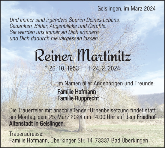 Traueranzeige von Reiner Martinitz von Geislinger Zeitung