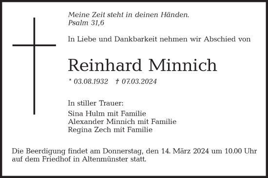 Traueranzeige von Reinhard Minnich von Hohenloher Tagblatt