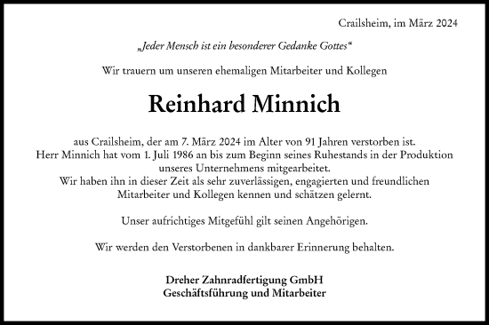 Traueranzeige von Reinhard Minnich von Hohenloher Tagblatt