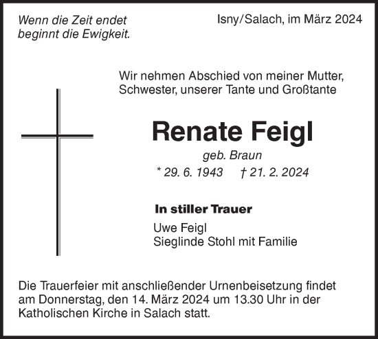 Traueranzeige von Renate Feigl von NWZ Neue Württembergische Zeitung