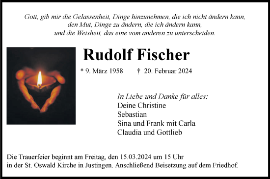 Traueranzeige von Rudolf Fischer von SÜDWEST PRESSE Ausgabe Ulm/Neu-Ulm