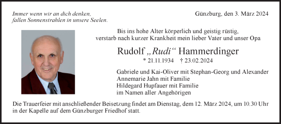 Traueranzeige von Rudolf Hammerdinger von SÜDWEST PRESSE Ausgabe Ulm/Neu-Ulm