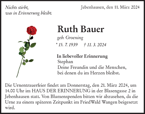 Traueranzeige von Ruth Bauer von NWZ Neue Württembergische Zeitung