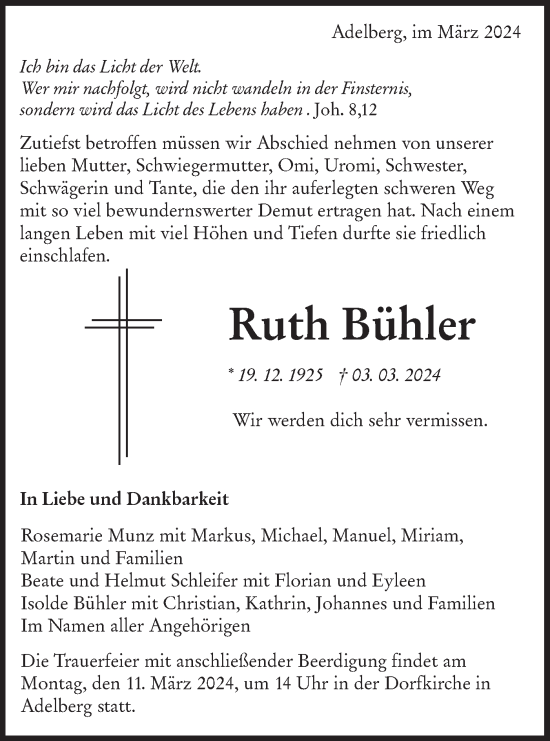 Traueranzeige von Ruth Bühler von NWZ Neue Württembergische Zeitung