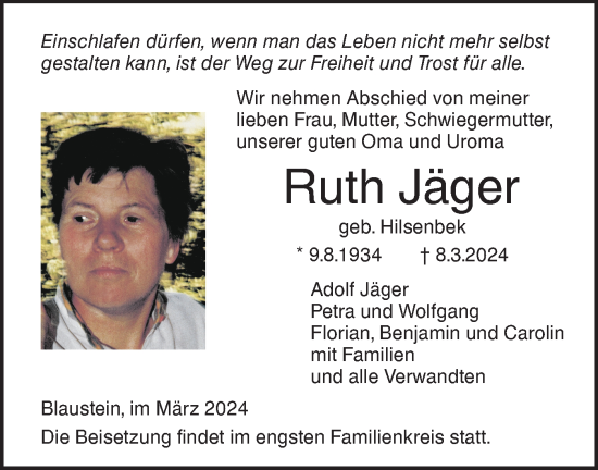 Traueranzeige von Ruth Jäger von SÜDWEST PRESSE Ausgabe Ulm/Neu-Ulm