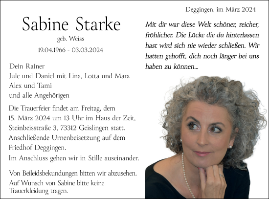 Traueranzeige von Sabine Starke von NWZ Neue Württembergische Zeitung/Geislinger Zeitung