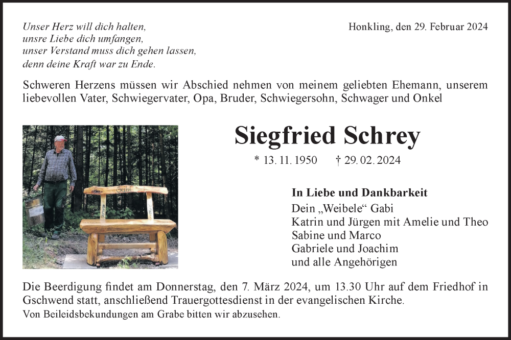  Traueranzeige für Siegfried Schrey vom 05.03.2024 aus Rundschau Gaildorf