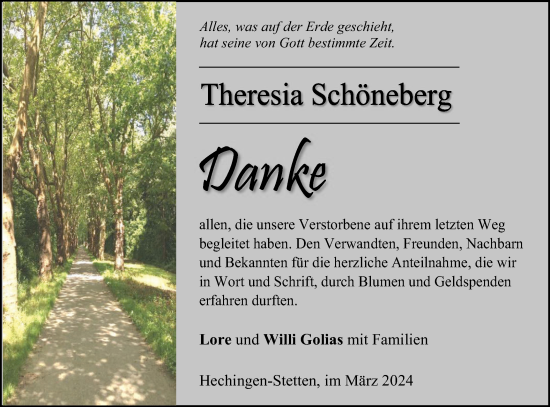 Traueranzeige von Theresia Schöneberg von Hohenzollerische Zeitung