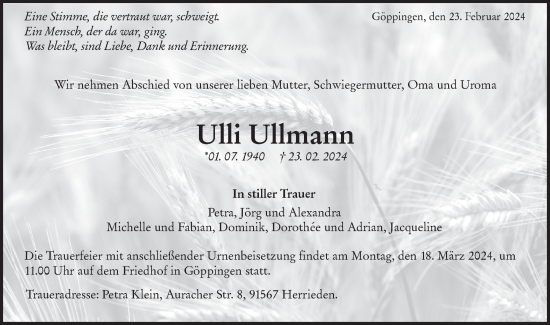 Traueranzeige von Ulli Ullmann von NWZ Neue Württembergische Zeitung