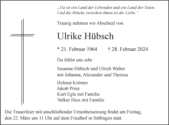 Traueranzeige von Ulrike Hübsch von SÜDWEST PRESSE Ausgabe Ulm/Neu-Ulm