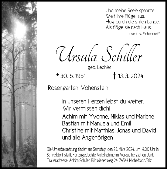 Traueranzeige von Ursula Schiller von Haller Tagblatt