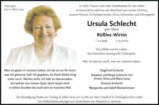 Traueranzeige von Ursula Schlecht von SÜDWEST PRESSE/SÜDWEST PRESSE