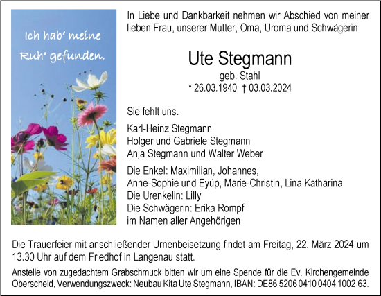 Traueranzeige von Ute Stegmann von SÜDWEST PRESSE Ausgabe Ulm/Neu-Ulm