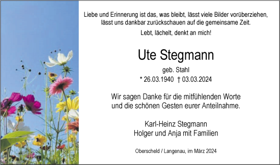 Traueranzeige von Ute Stegmann von SÜDWEST PRESSE Ausgabe Ulm/Neu-Ulm