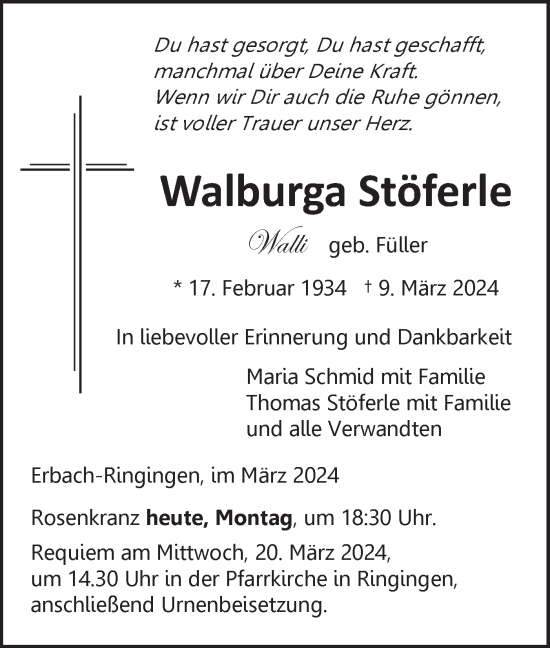 Traueranzeige von Walburga Stöferle von SÜDWEST PRESSE Ausgabe Ulm/Neu-Ulm