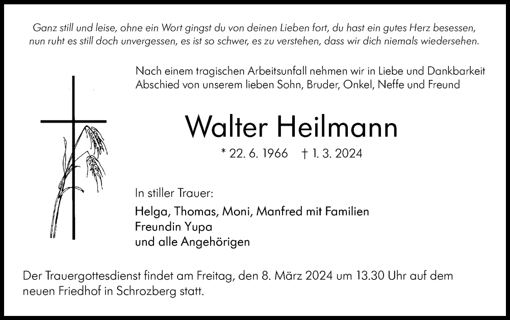  Traueranzeige für Walter Heilmann vom 06.03.2024 aus Hohenloher Tagblatt