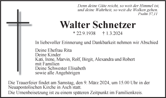 Traueranzeige von Walter Schnetzer von SÜDWEST PRESSE Ausgabe Ulm/Neu-Ulm