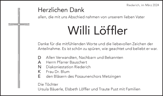 Traueranzeige von Willi Löffler von SÜDWEST PRESSE/SÜDWEST PRESSE