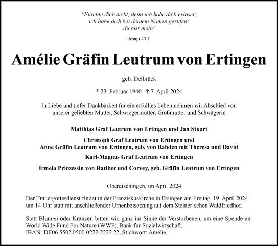 Traueranzeige von Amelie  Gräfin Leutrum von Ertingen von SÜDWEST PRESSE Ausgabe Ulm/Neu-Ulm