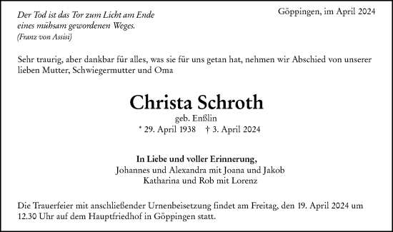 Traueranzeige von Christa Schroth von NWZ Neue Württembergische Zeitung