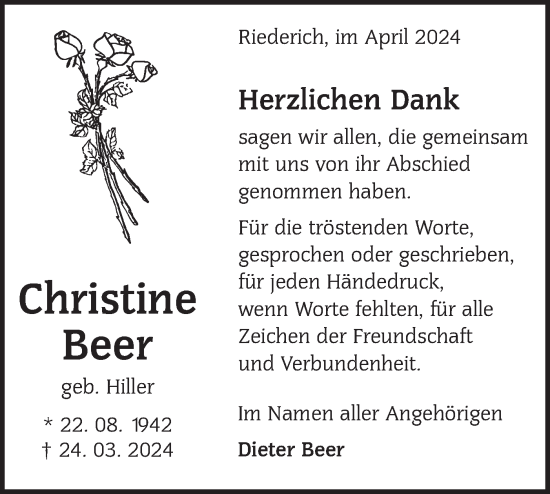 Traueranzeige von Christine Beer von Alb-Bote/Metzinger-Uracher Volksblatt