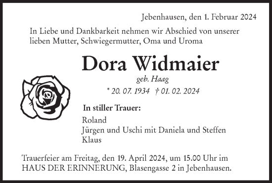 Traueranzeige von Dora Widmaier von NWZ Neue Württembergische Zeitung