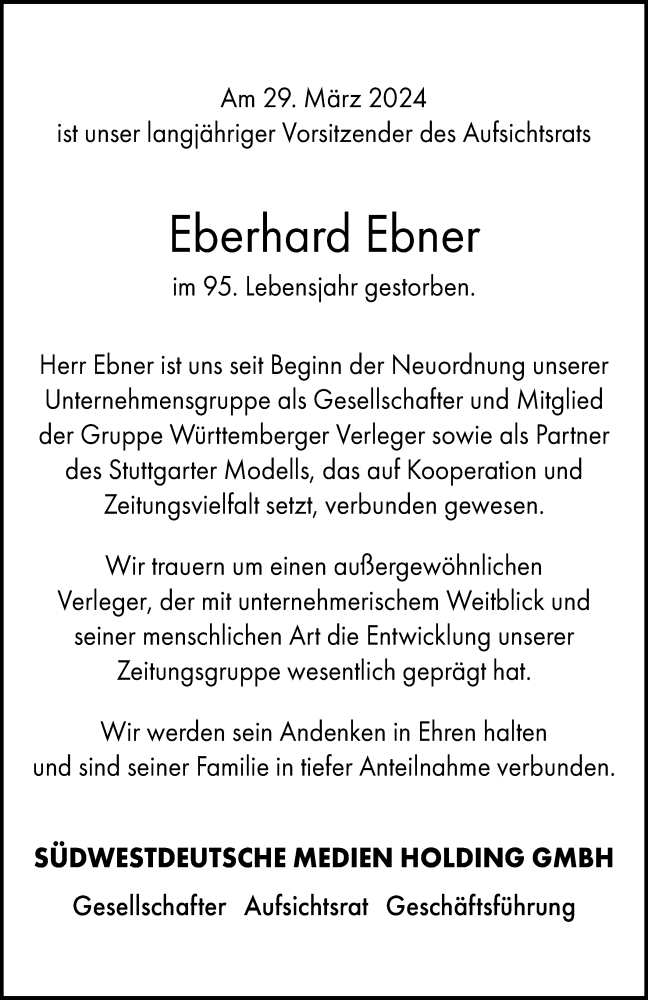  Traueranzeige für Eberhard Ebner vom 03.04.2024 aus SÜDWEST PRESSE