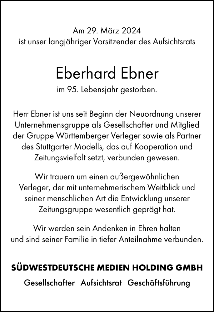  Traueranzeige für Eberhard Ebner vom 03.04.2024 aus 