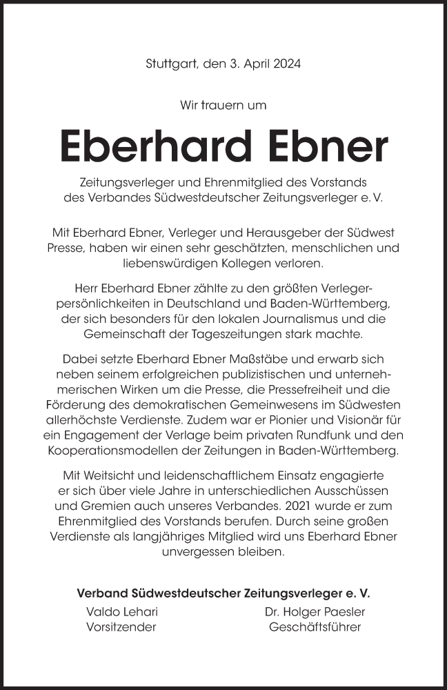  Traueranzeige für Eberhard Ebner vom 03.04.2024 aus SÜDWEST PRESSE