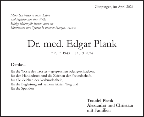 Traueranzeige von Edgar Plank von NWZ Neue Württembergische Zeitung/Geislinger Zeitung